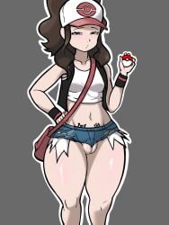 1girl blue_eyes blush brown_hair clothing_malfunction hat hilda_(pokemon) hoove_boots hummerh194 implied_bestiality jean_shorts paw_print pokeball pokemon pokemon_bw ponytail puffy_pussy pussy_through_clothing short_shorts tattoos