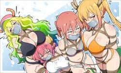 4girls absurdres arms_behind_back bdsm black_bra black_panties blonde_hair blush bondage bound bound_arms bra breast_bondage breasts brown_eyes crotch_rope gag gagged green_hair grey_bra grey_pants highres horns ilulu_(maidragon) improvised_gag kobayashi-san_chi_no_maidragon kobayashi_(maidragon) large_breasts long_hair looking_to_the_side lucoa_(maidragon) medium_breasts multiple_girls navel orange_bra orange_panties panties pants pink_eyes pink_hair ponytail rope skindentation tape tape_gag thigh_gap tiedtiki tohru_(maidragon) underwear underwear_only very_long_hair white_bra