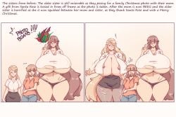 2koma 3girls amazon before_and_after breast_expansion breasts christmas cleavage comic elf_ears female female_only giantess gift_box growth huge_breasts hyper hyper_breasts long_hair looking_at_viewer milf mini_giantess n647 original original_character size_difference text thick_thighs transformation wardrobe_malfunction wide_hips