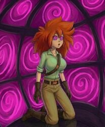 1girls ai_generated belt boots brainwashing brown_pants clothing collared_shirt electronics female female_focus female_only femsub gloves green_shirt hypnosis hypnotic_screen hypnotized_female kneeling kneeling_female kneeling_on_ground kneeling_position mind_control nomad_of_nowhere open_mouth pants red_hair rooster_teeth screen screens shirt skout solo solo_female solo_focus spiral spiral_eyes spirals spiralwash_eyes strap zupern0va_(manipper)