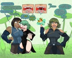 angry blue_eyes brown_hair character_fusion crossover dark-skinned_female dark_skin eastern_and_western_character female female_only fusion fusion_character green_eyes green_hair huge_breasts korra merging muscular_female olive_skin one-punch_man petite_female saliva shocked sloppy_kiss tatsumaki the_legend_of_korra thick_thighs tongue_kiss tongue_out transformation