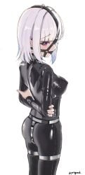 1girls arms_behind_back black_clothing black_latex chastity_belt chastity_device collar drool drooling female female_chastity female_only femsub gag gagged harness_gag latex latex_clothing latex_suit png prixy purple_eyes rubber rubber_clothing shiny_clothes simple_background thigh_cuffs tight_clothing white_background white_hair