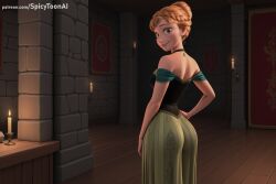 ai_generated anna_(frozen) bare_shoulders barrel blonde_hair blue_eyes braid breasts brick_wall choker christmas dat_ass disney disney_princess dress female from_behind frozen_(film) green_dress hair_bun hi_res high_quality high_resolution looking_at_viewer looking_back patreon seductive sexy single_braid smile solo spicytoonai stairs torch uncensored watermark wooden_floor