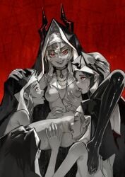 5girls absurdres breasts clitoral_hood clitoris completely_nude cunnilingus demon demon_horns gangbang greyscale group_sex hand_on_another's_head hand_on_another's_stomach hand_on_another's_thigh heart heart-shaped_pupils highres horns licking licking_nipple looking_at_viewer medium_breasts medium_hair monochrome multiple_girls nipple_stimulation nipples nude nun nun_headdress oral original presenting_own_body pussy red_eyes rosary sitting smile smug spread_legs sweat symbol-shaped_pupils thick_thighs thighs tongue urethra yeougui yuri