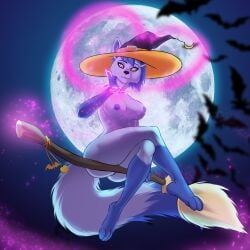 absurd_res ambient_bat anthro ass belassa blue_body blue_hair breasts broom broom_riding canid canine canis cleaning_tool clothing crossed_legs dipstick_tail female genitals gloves_(marking) hair hat headgear headwear heart_symbol hi_res holidays leg_markings light looking_down magic mammal markings moonlight night_star_(wolf) nipples nude socks_(marking) solo tail tail_markings witch_hat wolf yellow_eyes