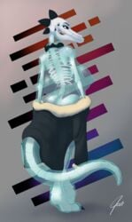 anthro ass balderdash999 bea_(nitw) big_breasts bone breasts clothing crocodile crocodilian ectoplasm female ghost huge_breasts night_in_the_woods nude reptile scalie skeleton solo spirit teeth translucent translucent_body undressing