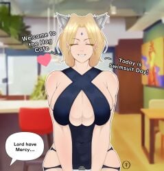 big_breasts blonde_hair cafe english_text granny imfalto milf naruto naruto_(series) naruto_shippuden nekomimi sideboob swimsuit tsunade underboob