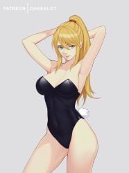 1girls absurd_res absurdres arms_behind_head arms_up artist_name big_breasts black_leotard blonde_hair blue_eyes bunny_girl bunny_tail bunnysuit cleavage dakkalot female female_only leotard long_hair looking_at_viewer metroid nintendo patreon ponytail samus_aran simple_background solo source_request standing strapless strapless_leotard wide_hips