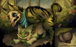 anthro ass blinds blue_eyes bone bone_mask building claws digital_media_(artwork) doggy_style duo ears_back ears_down fan_character female floragato flower from_behind_position fur generation_9_pokemon genitals green_body green_fur hi_res house interspecies knot knotted_penis male male/female mask nintendo open_mouth paws penetration penile penile_penetration penis penis_in_vagina pink_eyes pink_nose pivoted_ears plant pokemon pokemon_(species) pokephilia sex shrub size_difference skull skull_head skull_mask sky striped_body striped_fur stripes tail text tongue tongue_out tree vaginal_penetration vulva watermark window wldhow yard