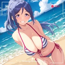 1girl battery_indicator beach blue_hair blue_sky blush day dutch_angle halterneck horizon large_breasts long_hair looking_at_viewer love_live! love_live!_sunshine!! matsuura_kanan mobukichi navel ocean outdoors ponytail purple_eyes recording side-tie_bikini_bottom smile solo stomach striped_bikini thighs viewfinder