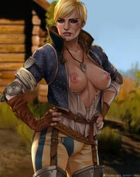 1girls areolae blonde_hair breasts breasts_out cd_projekt_red female female_only hands_on_hips looking_at_viewer nipples othalam outdoors scar solo standing tattoo the_witcher_(series) the_witcher_2 the_witcher_3:_wild_hunt ves