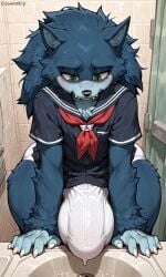 ai_generated animal_ears anthro bara bathroom big_ass big_ass_(male) big_bulge black_nose briefs crying dark_blue_fur fangs fanservice femboy fingernails furry gay green_eyes huge_bulge male male_focus mammal sad sailor_fuku sega serafuku solo solo_focus sonic_the_werehog sonic_unleashed tagme thick_thighs yaoi