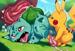 3_toes ai_generated all_fours anal anal_sex animal_genitalia animal_penis balls big_balls big_penis blush bodily_fluids bulbasaur claws cum cum_inside cumshot cutaway drooling duo ejaculation erection feet feral feral_on_feral flora_fauna from_behind_position generation_1_pokemon genital_fluids genitals grass hellsonger hi_res huge_cock internal looking_pleasured male male/male male_penetrated male_penetrating nintendo open_mouth oral orgasm orgasm_face outside penetration penile penis pikachu pink_penis plant pokemon pokemon_(species) red_eyes saliva sex teeth toes tongue tongue_out vein veiny_penis yellow_balls yellow_body