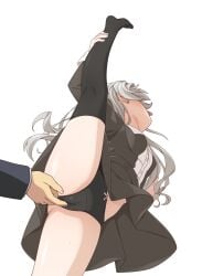 1boy absurdres black_panties black_thighhighs blush breasts cameltoe commentary_request dress female fingering fingering_through_clothes fuu_(koneko_no_yomeiri) grey_hair highres hisakawa_hayate idolmaster idolmaster_cinderella_girls leg_up long_hair panties pussy_juice simple_background small_breasts solo_focus split standing standing_on_one_leg standing_split thighhighs thighs through_clothes tongue tongue_out underwear variant_set white_background