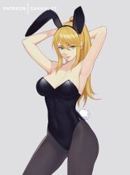 1girls absurd_res absurdres arms_behind_head arms_up artist_name big_breasts black_leotard blonde_hair blue_eyes bunny_ears bunny_girl bunny_tail bunnysuit cleavage dakkalot fake_animal_ears female female_only leotard long_hair looking_at_viewer metroid nintendo pantyhose patreon ponytail samus_aran simple_background solo source_request standing strapless strapless_leotard wide_hips