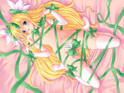 bed blonde_hair blue_eyess blush elbow_gloves female female_only gloves human long_hair naked_ribbon naked_thighhighs nude oohiro_saki pink pink_background ribbon ribbon_bondage ribbons riesz seiken_densetsu seiken_densetsu_3 solo thighhighs valentine