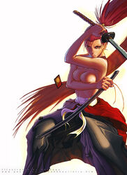 1girls action_pose arm_across_chest artist_name breasts covered_nipples female female_only fierce frown genjuro_kibagami hakama hanafuda human japanese_clothes long_hair martial_artist nekkeau no_visible_genitalia ponytail red_eyes red_hair rule_63 samurai_shodown scabbard scar serious simple_background snk solo sword tied_hair topless very_long_hair warrior weapon white_background