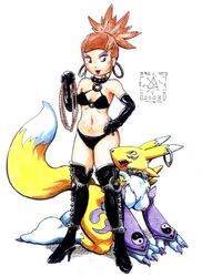 2003 all_fours anthro boots breasts clothes color digimon female female_only footwear fur furry human interspecies multiple_females nude renamon rika_nonaka sawblade_(artist) simple_background standing white_background