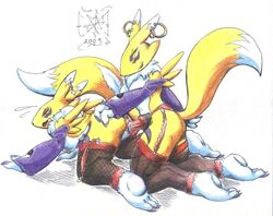 2003 ass breasts color digimon dildo exposed_breasts female female_only fur furry furry_ass furry_breasts multiple_females renamon sawblade_(artist) sex_toy strap-on yuri