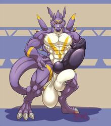 2018 3_fingers 3_toes abs anthro balls big_balls blue_background digimon digitigrade dragon dragoneer_(character) erection fan_character grin hand_on_balls horn huge_balls hungothenomster hyper hyper_balls hyper_penis knot looking_at_viewer male male_only markings multicolored_skin murasadramon muscular muscular_male nude penis purple_penis purple_skin red_eyes scalie sharp_teeth simple_background smile solo standing teeth toes two_tone_skin vein white_skin yellow_skin