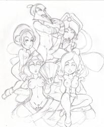 avatar_the_last_airbender female flat_chest harem human male medium_breasts monochrome sokka straight_hair suki toph_bei_fong travis_green ty_lee wang_fire yue