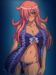 1girls babydoll bare_shoulders big_breasts blue_panties blush bow bow_panties breasts cleavage clothing dark_skin female frills hair_over_one_eyes huge_breasts kagami kirche_augusta_frederica_von_anhalt_zerbst kirche_zilperstone large_breasts lingerie long_hair lowleg lowleg_panties midriff negligee nightgown panties pink_hair smile solo standing underboob underwear utility_pole_spirit yellow_eyes zero_no_tsukaima