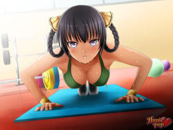 1girls accurate_art_style aerobics big_breasts black_hair braided_hair braided_pigtails braids breasts dark-skinned_female dark_skin female female_only fully_clothed hairbow huniepop kyanna_delrio latina purple_eyes push_ups solo sweat sweaty workout