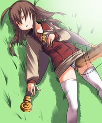 bread defeated food green_background johnny_funamushi knocked_out lilka_eleniak long_hair low-tied_long_hair panties saliva sleeping solo striped striped_panties thighhighs tied_hair twintails underwear white_legwear wild_arms wild_arms_2 wild_arms_2nd_ignition zettai_ryouiki