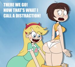 2girls ass ass_cleavage assisted_exposure big_ass blonde_hair blue_eyes breasts brown_hair butt_crack chantelle clothed disney disney_channel female female_face_near_ass female_only open_mouth panties pantsing scobionicle99 smile star_butterfly star_vs_the_forces_of_evil straight_hair surprised text wardrobe_malfunction