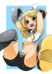 blonde_hair bow clothed color female female_only headset kagamine_rin midriff navel sitting solo toudori vocaloid