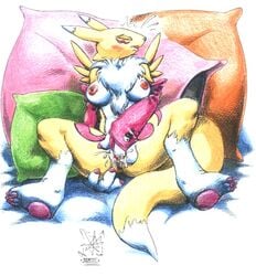 breasts color digimon exposed_breasts female female_only fingering front_view fur furry masturbation renamon sawblade_(artist) solo vulva