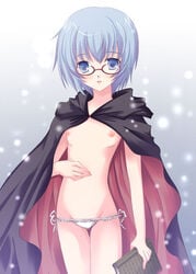 1girls blue_eyes blue_hair blush book cape female flat_chest glasses hinata_momo lowleg lowleg_panties mound_of_venus panties short_hair side-tie_panties solo tabitha topless underwear underwear_only white_panties zero_no_tsukaima