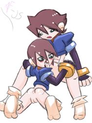 1boy 1girls abs aile anus ass blouse blush bottomless brown_hair erect_penis fellatio female green_eyes hair licking male mega_man mega_man_zx oral oral_sex penis pussy shaved short_hair straight uncensored vent_(mega_man)