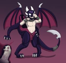 2017 3_fingers 3_toes bulge claws costume cynder dark_cynder dragon duo erection fursuit glowing glowing_eyes gradient_background hi_res horn human internal living_clothing living_costume living_fursuit male male_only mammal mask membranous_wings nearu-senpai open_mouth penis penis_outline precum scalie shackles simple_background spikes spyro_the_dragon toe_claws toes transformation video_games wings