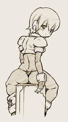 1girls aile artificial_skin ass blush cyborg fingerless_gloves from_behind girutaabo gloves hagane_(artist) human looking_back mega_man mega_man_zx panties pantylines short_hair sitting solo thong underwear