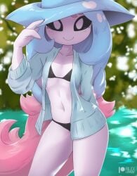 1girls anthro black_bikini black_eyes blue_hair blue_jacket female female_focus female_only hatterene outside pink_hair pokémon_(species) pokemon pokemon_(species) pokemon_ss rilex_lenov solo solo_female solo_focus white_body