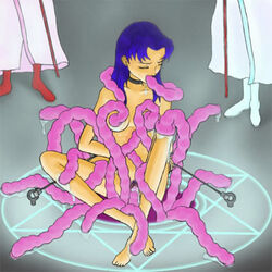 arms_behind_back blue_hair bondage bound bound_arms bound_legs breast_fondling closed_eyes clothed_male_nude_female clothing collar female forced grope magic_circle misato_katsuragi neon_genesis_evangelion nude occult penetration pentagram pubic_hair rape restrained summoning tagme tentacle tentacle_in_mouth tentacle_rape vaginal_penetration