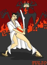 aku black_hair breasts cleavage demon female katana large_breasts lips panties pose rule_63 samurai_jack samurai_jack_(character) sword thong tulio weapon