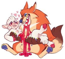 2016 anthro areola blood breasts candy_gore canine caprine chompuff claws digital_media_(artwork) duo eating female fur gore hard_vore heart holding_character hooves looking_pleasured mammal multicolored_fur nipples nude open_mouth predator/prey sheep simple_background size_difference smile teeth two_tone_fur vore wolf