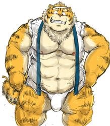 2016 barazoku bulge clothed clothing feline fundoshi hand_on_hip headband japanese_clothing kemono kneeling kotobuki looking_at_viewer male mammal muscular obese overweight partially_clothed simple_background solo tiger underwear white_background