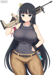 army_pants artist_name assault_rifle bandage bandages belt black_hair blue_eyes breasts cosplay crossover curvy dog_tags erect_nipples facing_viewer female female_only fortnite fully_clothed gloves grenade gun hime_cut hourglass_figure ikaruga_(senran_kagura) kainkout large_breasts long_hair nipple_bulge nipples_visible_through_clothing pokies rifle see-through senran_kagura senran_kagura_(series) tag tank_top thigh_gap thin_waist watermark weapon wide_hips