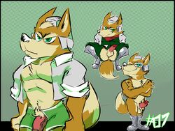 anthro anus balls blush boxers crossed_arms erection fox_mccloud green_eyes half-erect male_only naughty_face naughtyhooves nintendo nude open_fly open_shirt penis pubic_hair sitting smile star_fox undressing veiny_penis wink