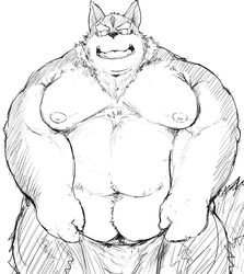 2016 barazoku black_and_white canine clothed clothing facing_viewer flaccid furry humanoid_penis kemono kotobuki loincloth looking_at_viewer male mammal monochrome moobs muscular obese overweight partially_clothed penis simple_background sketch solo tattoo translucent transparent_clothing uncut white_background