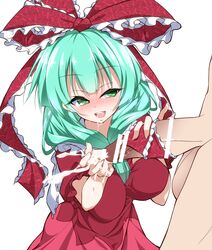 1boy bar_censor blush censored cum dress ejaculation female front_ponytail green_eyes green_hair hachi_(chihagura) hair_ribbon handjob highres kagiyama_hina open_mouth penis red_dress ribbon simple_background straight touhou white_background