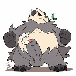 2018 anthro balls belly cum leaf male male_only nintendo overweight overweight_male pangoro penis pokémon_(species) pokemon pokemon_xy simple_background solo takataka video_games white_background