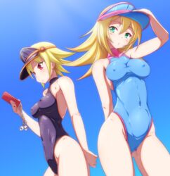 2girls abs arm_up armpits bare_shoulders belly blonde_hair blue_background blush breasts cameltoe danpu dark_magician_girl day erect_nipples eyelashes female_only gagaga_girl green_eyes hat highres holding long_hair looking_at_viewer looking_away multiple_girls nipples outdoors phone red_eyes short_hair sky swimsuit thin_waist yu-gi-oh! yuu-gi-ou_duel_monsters