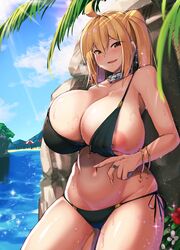 1girls areola_slip beach bikini bimbo blonde_hair bracelet breasts bursting_breasts busty cleavage erect_nipples female_only gyaru haks heart hourglass_figure huge_breasts kirome_(kamipaper) long_hair long_nails nipple_slip nipples original outdoors puffy_nipples ring saaya_(kirome) side-tie_bikini sideboob standing thick_thighs virtual_youtuber voluptuous wet wide_hips