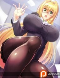 1girls blonde_hair female glasses green_eyes haganef huge_breasts long_hair shocked shocked_expression tearju_lunatique to_love-ru