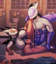 abs anthro anthrofied big_breasts bra breasts clenched_teeth closed_eyes clothed clothing detailed_background dnp101 duo erection female highres latias latios leg_over_shoulder legendary_pokemon male muscular muscular_male navel nintendo nipples open_mouth panties pants partially_clothed pecs penetration penis pokemon pokemon_(species) pussy_juice shirt straight sweat table teeth underwear vaginal_penetration vein veiny_penis video_games wings yellow_eyes