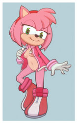 2018 amy_rose anthro black_nose bottomless breasts clothing female female_only footwear fur furry furry_only gloves green_eyes hair hairband handwear hedgehog hi_res junyois mammal navel nipples partially_clothed pink_hair pussy short_hair smile solo solo_female sonic_(series) tail topwear video_games